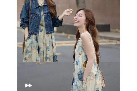 🍂早秋松弛感穿搭｜牛仔外套 + 水墨印花裙，氛围感拉满✨